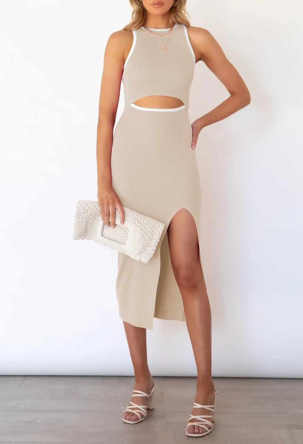 Cutiefox Women's Sleeveless Cut Out Side Slit Ribbed Knit Bodycon Tank Midi Dress