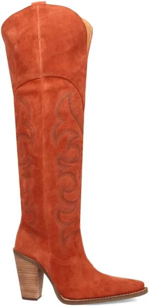 Dingo Womens Primadonna Embroidered Snip Toe Zippered Casual Boots Over the Knee High Heel 3" & Up - Brown