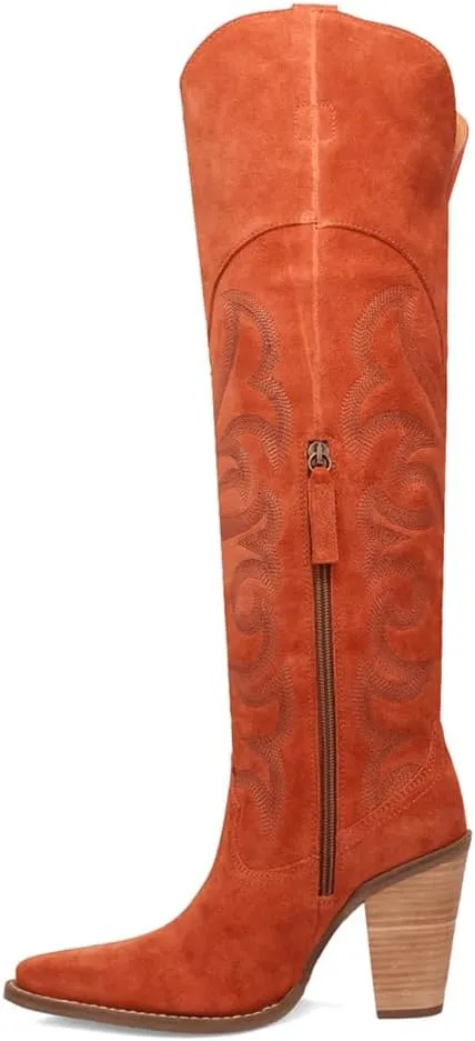 Dingo Womens Primadonna Embroidered Snip Toe Zippered Casual Boots Over the Knee High Heel 3" & Up - Brown