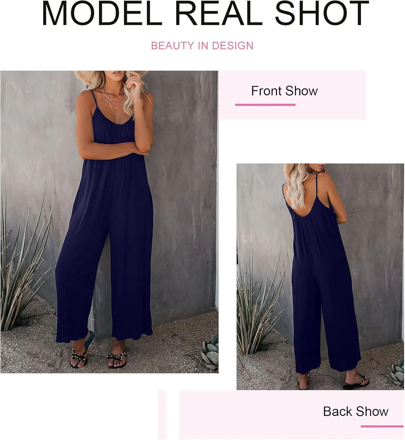 Dokotoo Women's Loose Sleeveless Jumpsuits Adjustable Spaghetti Strap Stretchy Long Pant Romper Jumpsuit with Pockets