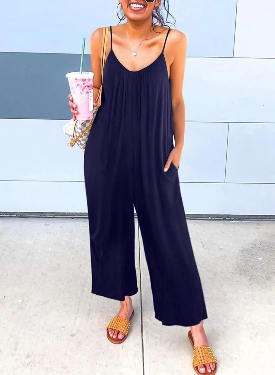 Dokotoo Women's Loose Sleeveless Jumpsuits Adjustable Spaghetti Strap Stretchy Long Pant Romper Jumpsuit with Pockets