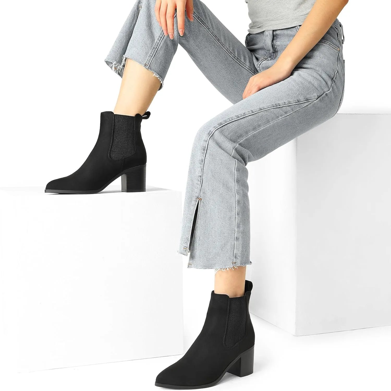 DREAM PAIRS Women's Retro Elastic Chelsea Ankle Boots Fashion Low Chunky Block Heel Pointed Toe Fall Heeled Booties Shoes