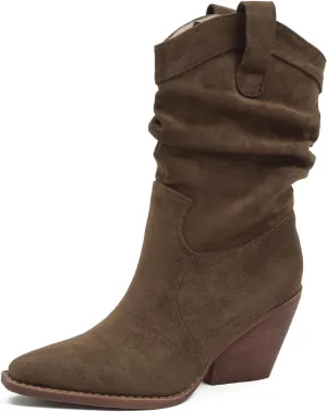EFTCAL Women's Suede Western Cowboy Boots Pointed Toe Low Chunky Heel Pull On Mid Calf Boots Comfortable Retro Solid Color Rider Boots