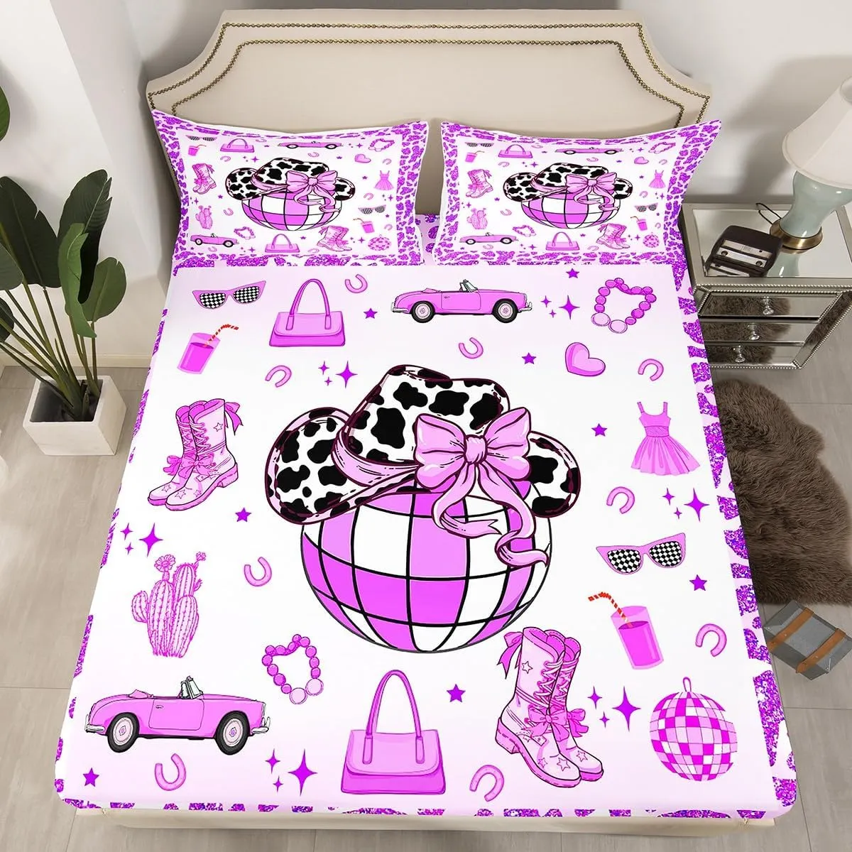 Erosebridal Cowgirl Fitted Sheet Twin Size for Kids Boys Girls,Cow Pattern Hat Bed Sheets,Western Cowboy Bedding Set,Purple Stars Boots Bed Set with 1 Pillowcase Deep Pockets,no Top Sheet
