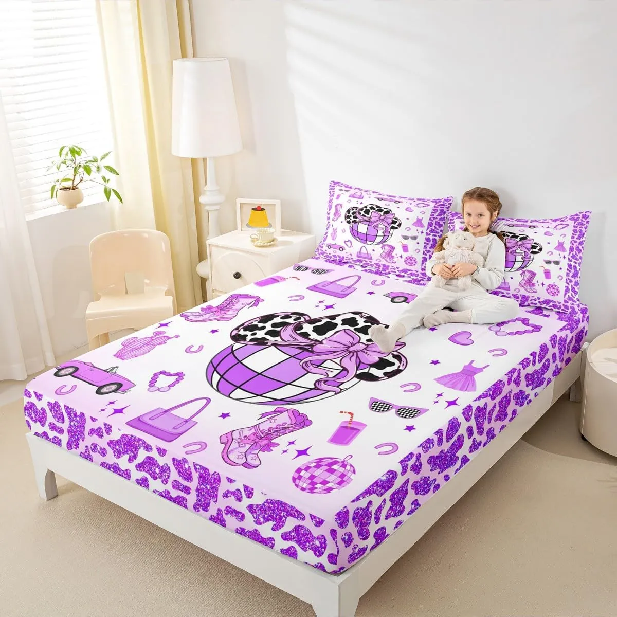 Erosebridal Cowgirl Fitted Sheet Twin Size for Kids Boys Girls,Cow Pattern Hat Bed Sheets,Western Cowboy Bedding Set,Purple Stars Boots Bed Set with 1 Pillowcase Deep Pockets,no Top Sheet