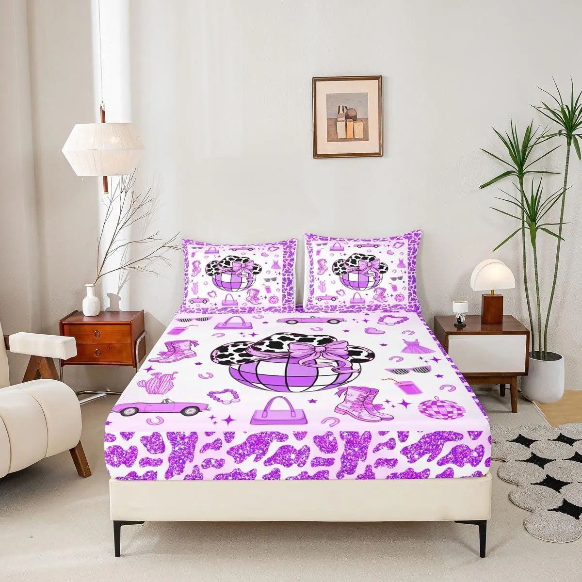 Erosebridal Cowgirl Fitted Sheet Twin Size for Kids Boys Girls,Cow Pattern Hat Bed Sheets,Western Cowboy Bedding Set,Purple Stars Boots Bed Set with 1 Pillowcase Deep Pockets,no Top Sheet