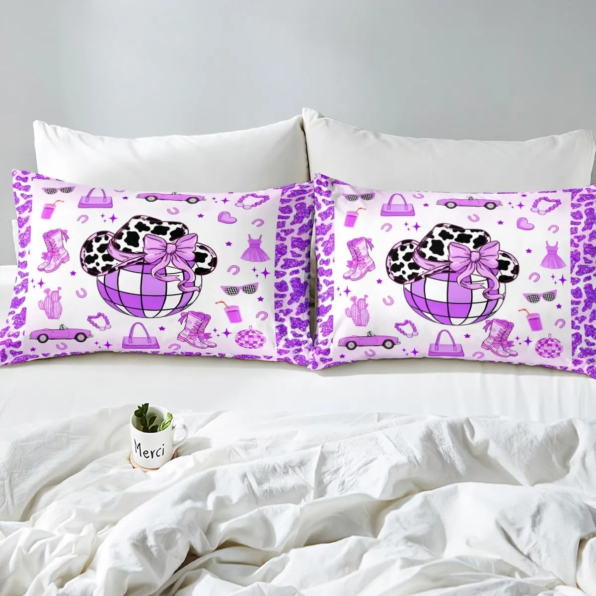 Erosebridal Cowgirl Fitted Sheet Twin Size for Kids Boys Girls,Cow Pattern Hat Bed Sheets,Western Cowboy Bedding Set,Purple Stars Boots Bed Set with 1 Pillowcase Deep Pockets,no Top Sheet