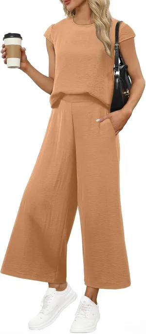 EVALESS Women's Summer 2 Piece Outfits Fashion 2025 Cap Sleeve Top and Wide Leg Pants Matching Set Vacation Outfits