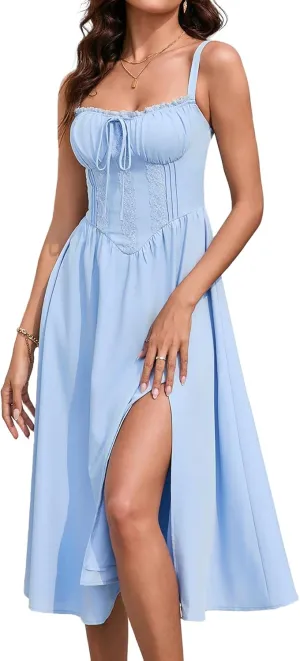 EYNMIN Women's Summer Casual Midi Dress Smocked Sleeveless Flowy Slit A Line Beach Sundresses