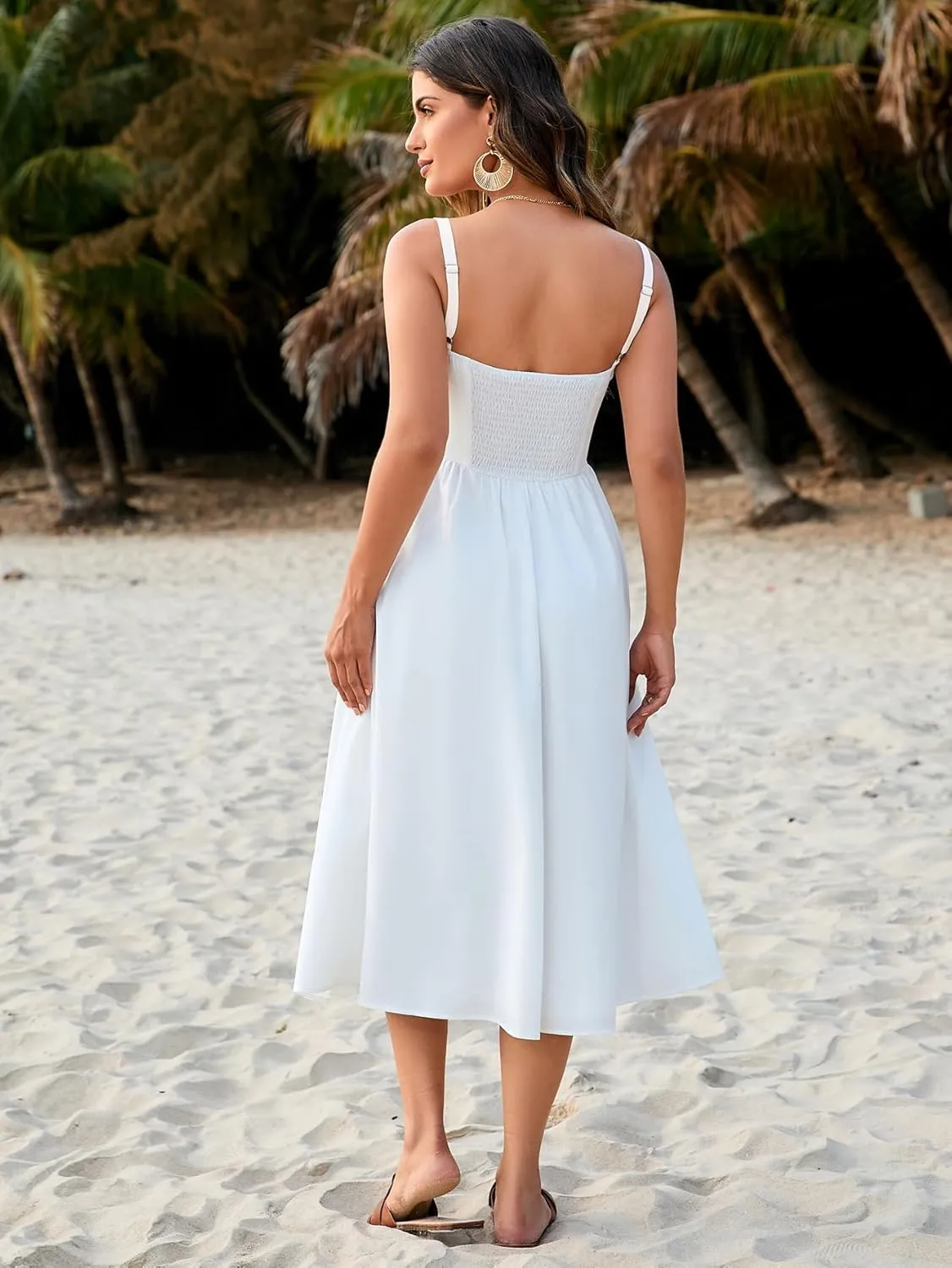 EYNMIN Women's Summer Casual Midi Dress Smocked Sleeveless Flowy Slit A Line Beach Sundresses