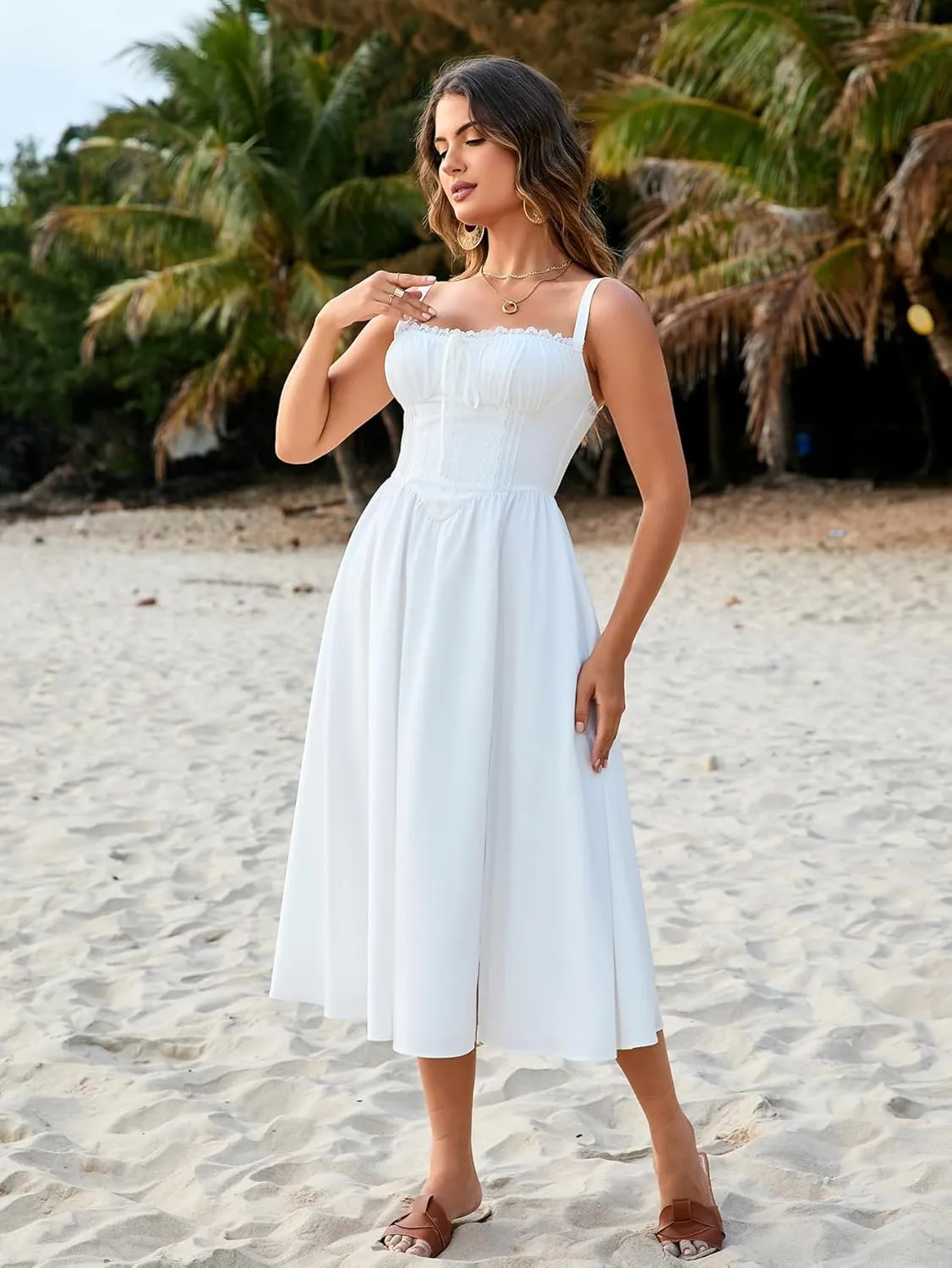 EYNMIN Women's Summer Casual Midi Dress Smocked Sleeveless Flowy Slit A Line Beach Sundresses