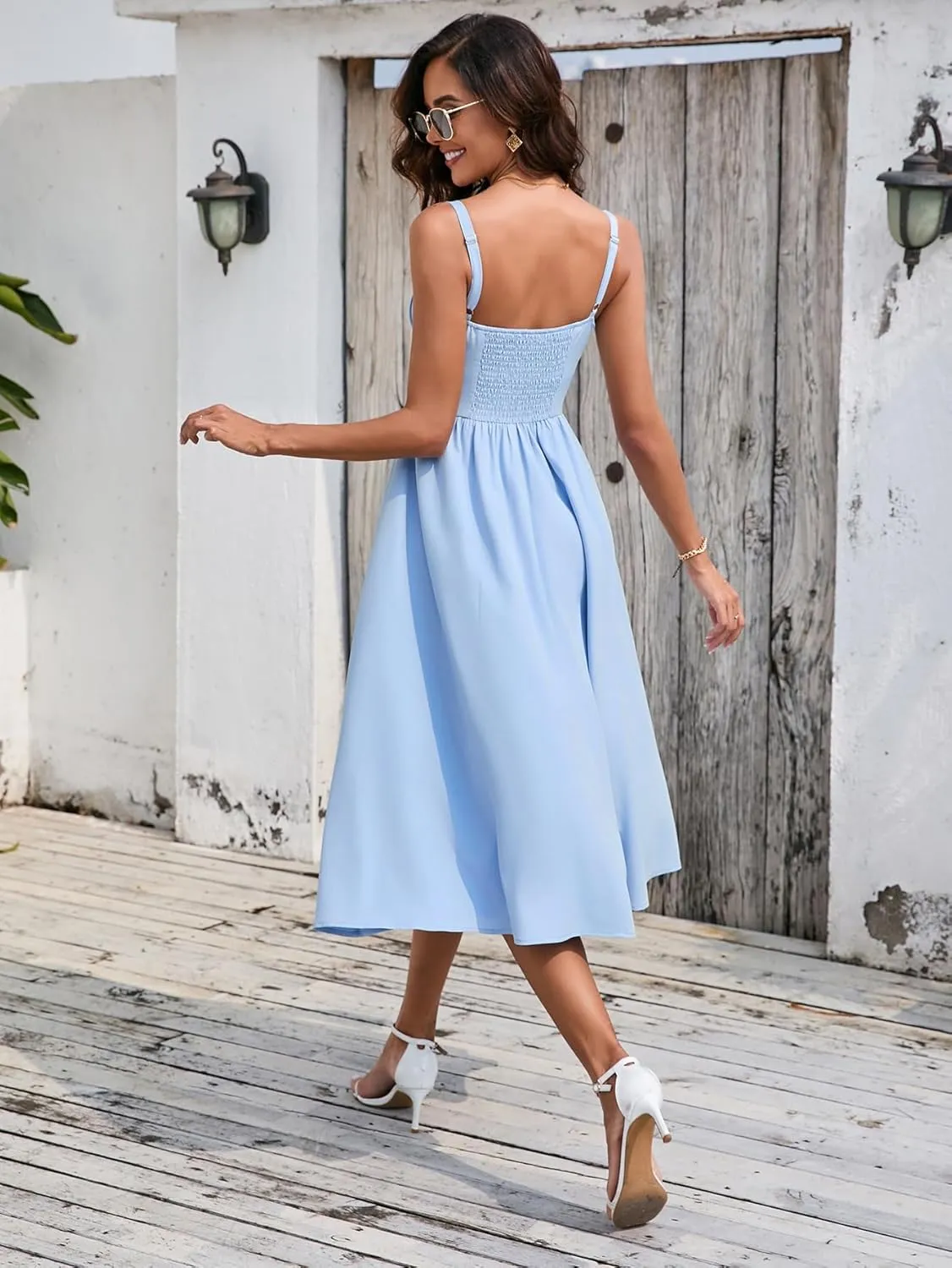 EYNMIN Women's Summer Casual Midi Dress Smocked Sleeveless Flowy Slit A Line Beach Sundresses