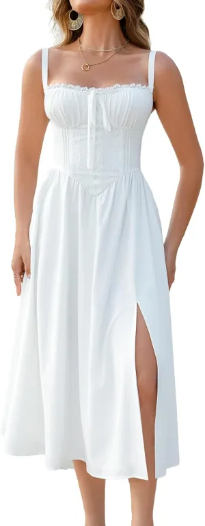EYNMIN Women's Summer Casual Midi Dress Smocked Sleeveless Flowy Slit A Line Beach Sundresses