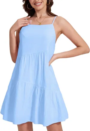 FANCYINN Women's 2025 Summer Mini Dress Sleeveless Spaghetti Strap,Backless Tiered Swing Dress Beach Wedding Guest,Vacation