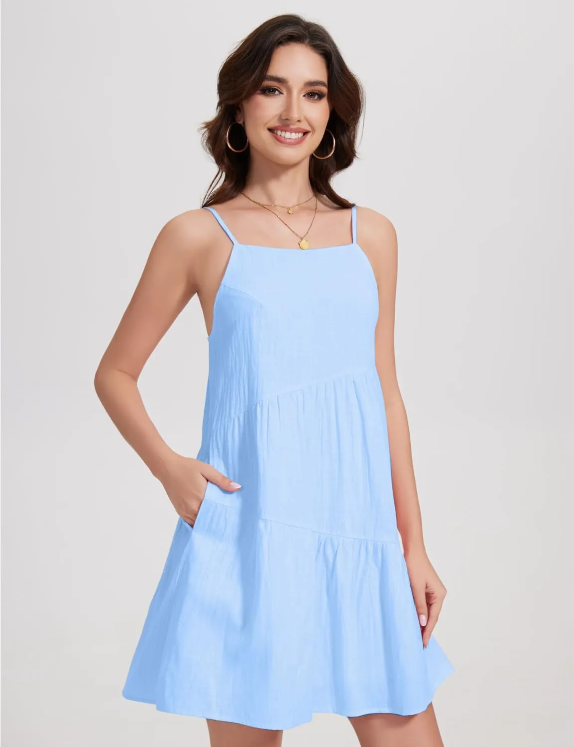 FANCYINN Women's 2025 Summer Mini Dress Sleeveless Spaghetti Strap,Backless Tiered Swing Dress Beach Wedding Guest,Vacation
