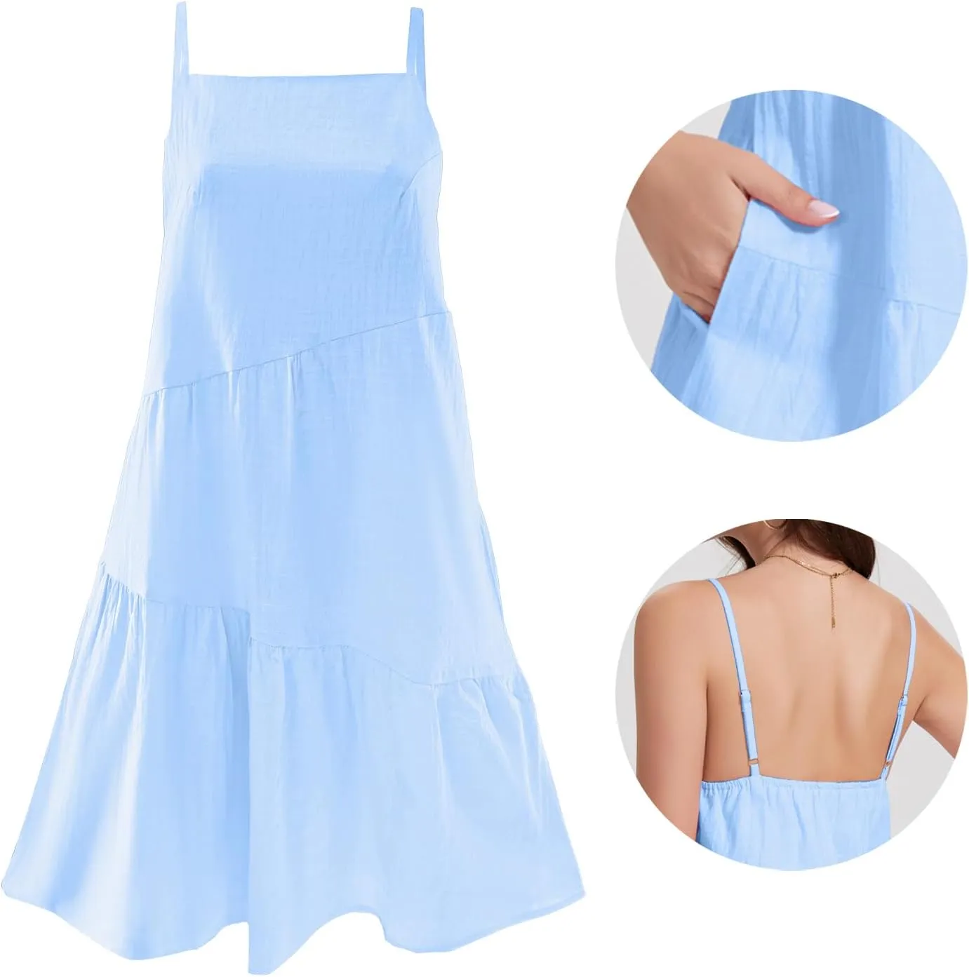 FANCYINN Women's 2025 Summer Mini Dress Sleeveless Spaghetti Strap,Backless Tiered Swing Dress Beach Wedding Guest,Vacation