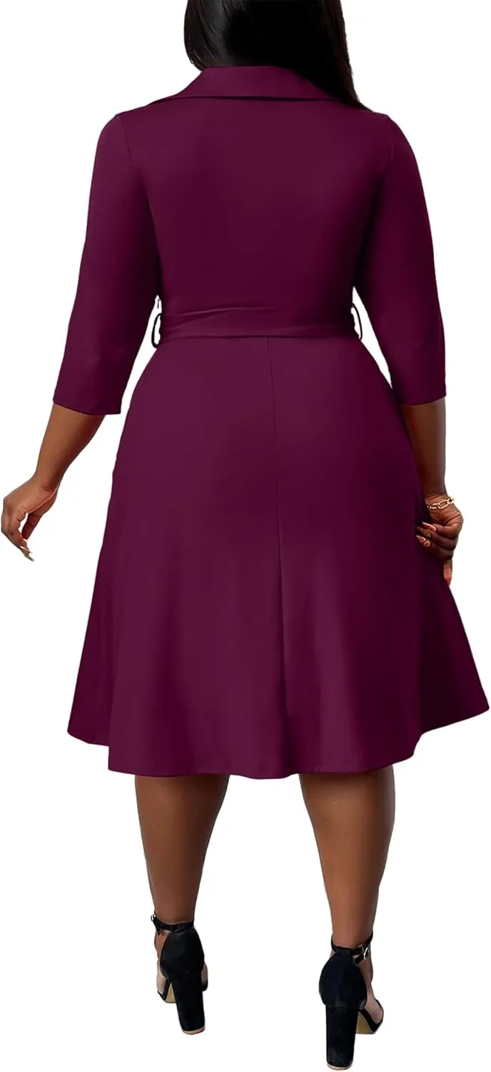 FANDEE Plus Size Midi Dress for Women - Printing Summer Dresses for Wedding Guest Cocktail Party 3/4 Sleeve V Neck（XL-5XL）