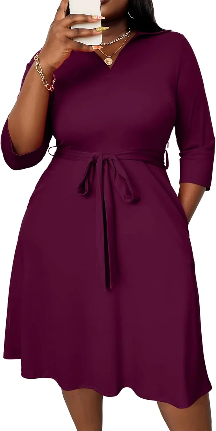 FANDEE Plus Size Midi Dress for Women - Printing Summer Dresses for Wedding Guest Cocktail Party 3/4 Sleeve V Neck（XL-5XL）