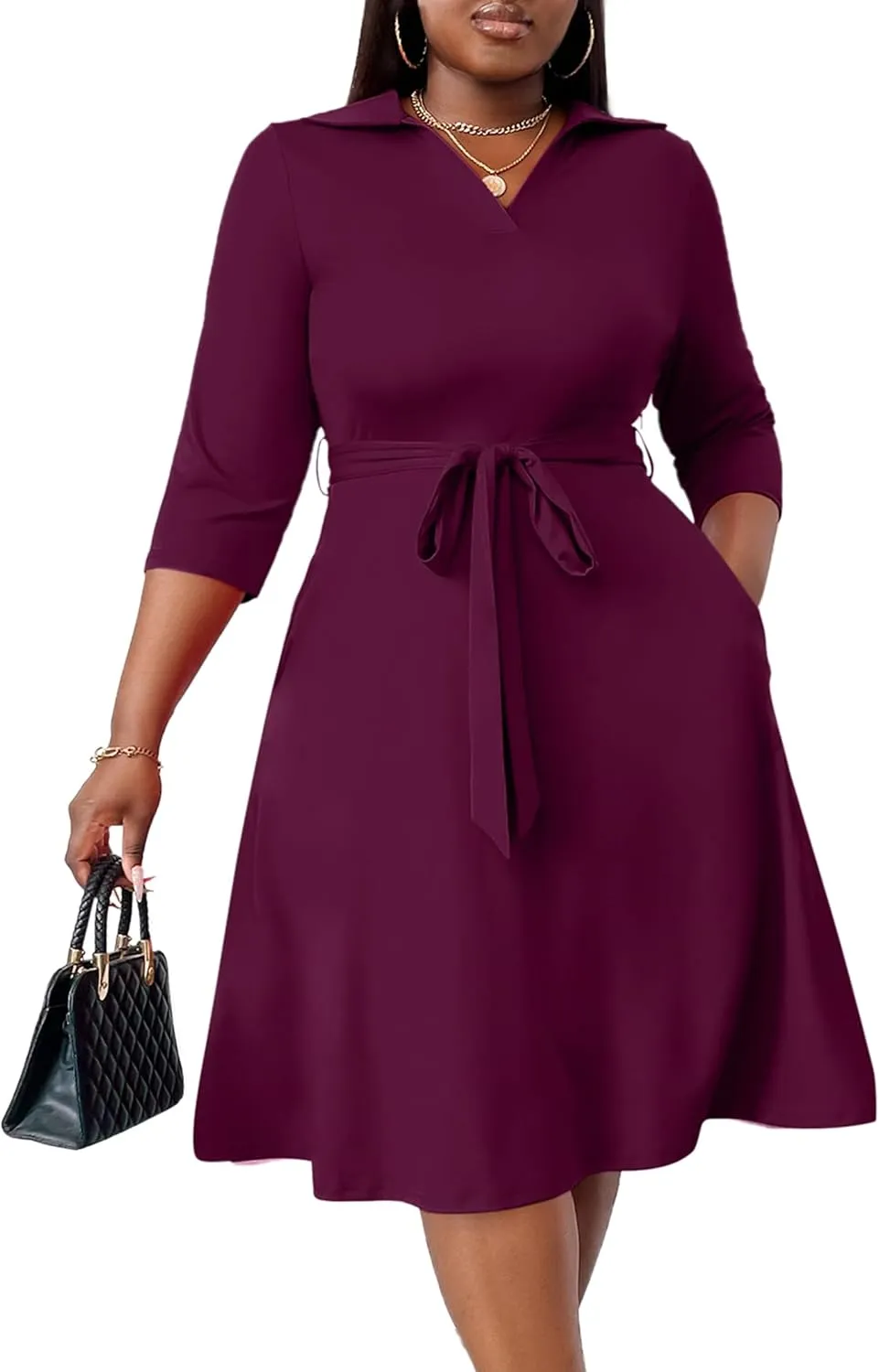 FANDEE Plus Size Midi Dress for Women - Printing Summer Dresses for Wedding Guest Cocktail Party 3/4 Sleeve V Neck（XL-5XL）