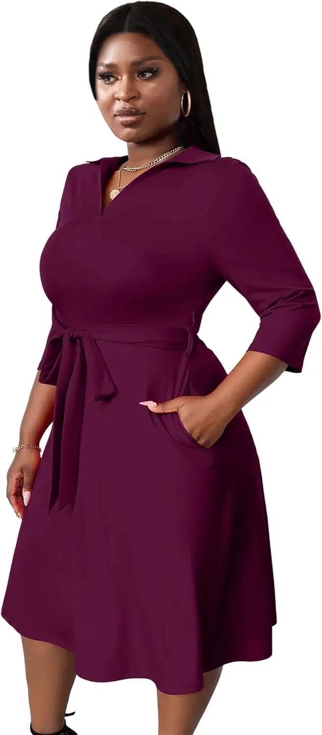 FANDEE Plus Size Midi Dress for Women - Printing Summer Dresses for Wedding Guest Cocktail Party 3/4 Sleeve V Neck（XL-5XL）