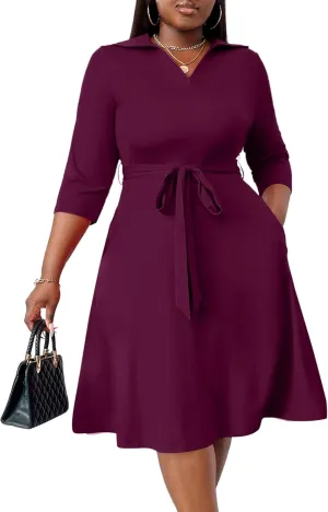 FANDEE Plus Size Midi Dress for Women - Printing Summer Dresses for Wedding Guest Cocktail Party 3/4 Sleeve V Neck（XL-5XL）