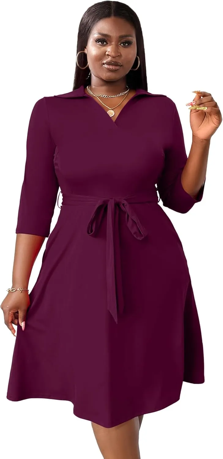 FANDEE Plus Size Midi Dress for Women - Printing Summer Dresses for Wedding Guest Cocktail Party 3/4 Sleeve V Neck（XL-5XL）