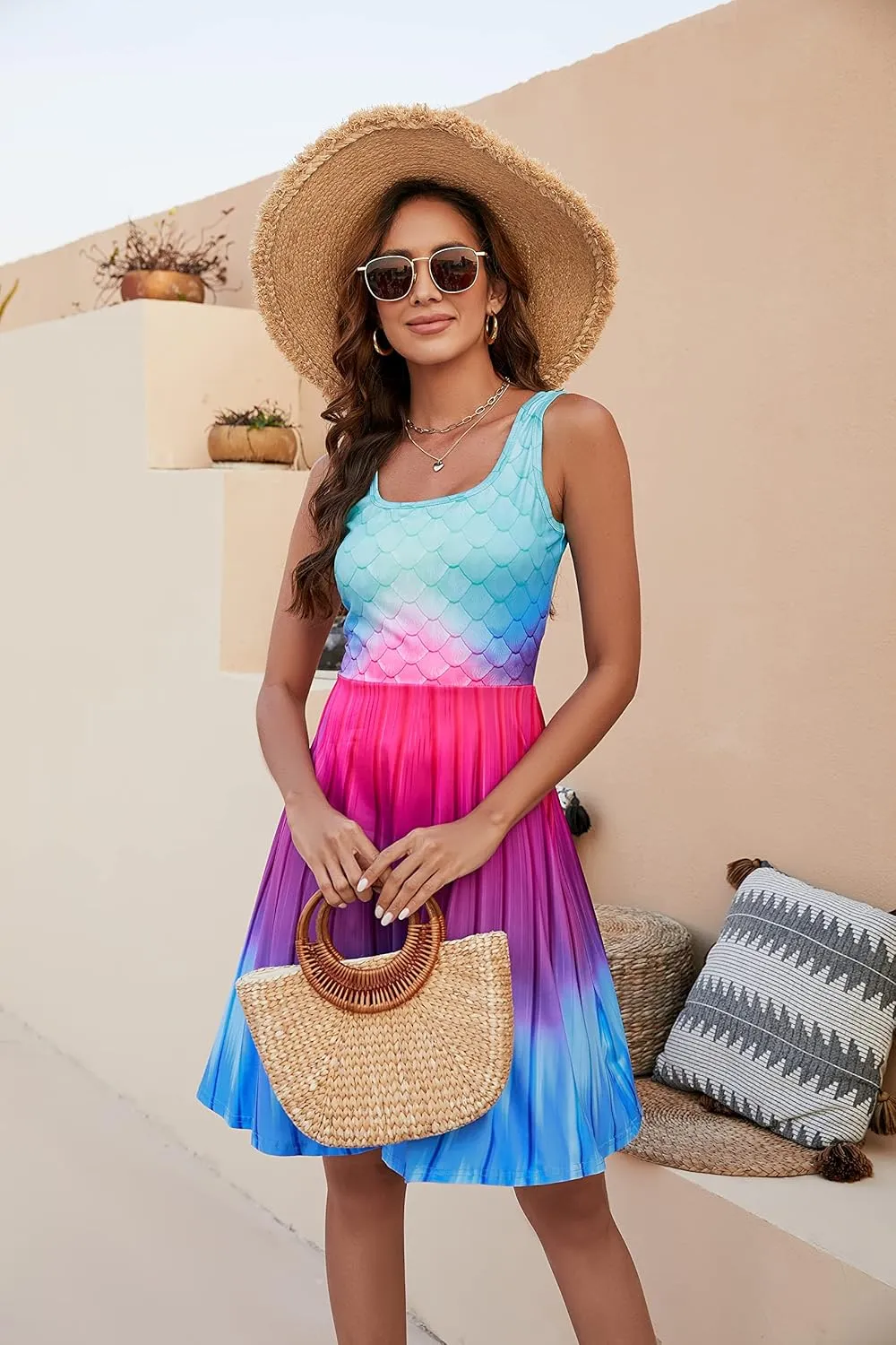 Fanient Womens Sleeveless Dress Casual Print Scoop Neck Sundress A Line Midi Dresses