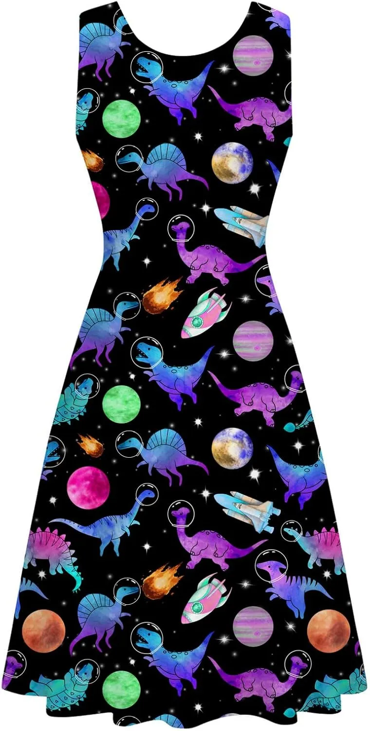 Fanient Womens Sleeveless Dress Casual Print Scoop Neck Sundress A Line Midi Dresses