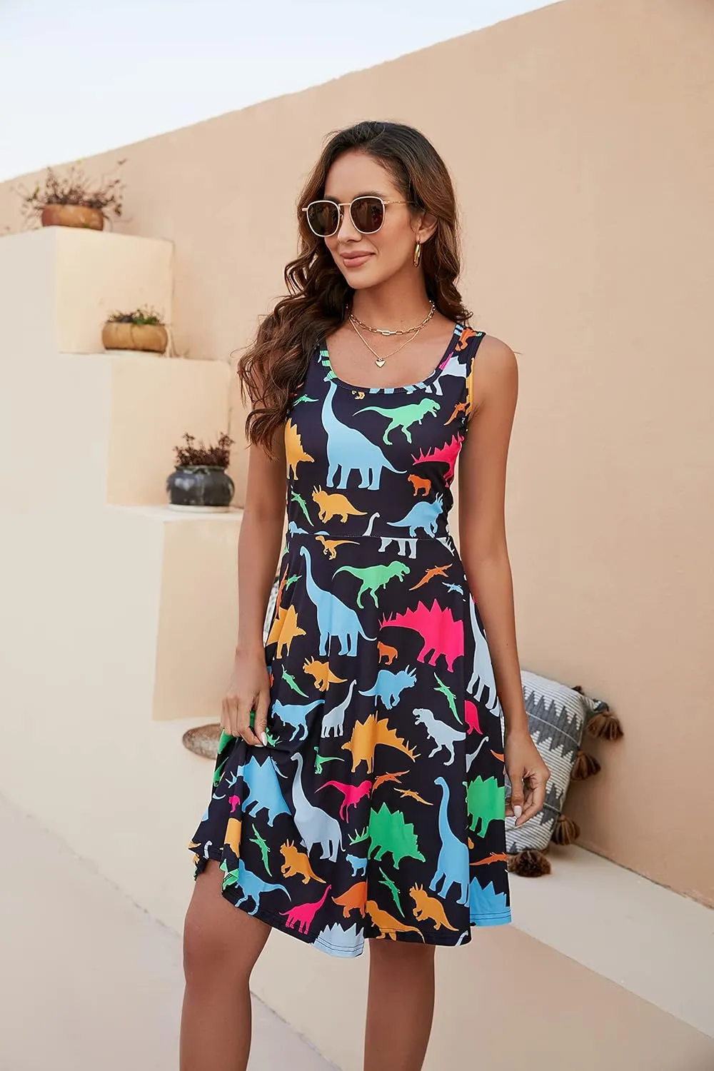 Fanient Womens Sleeveless Dress Casual Print Scoop Neck Sundress A Line Midi Dresses