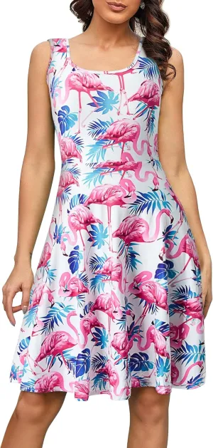 Fanient Womens Sleeveless Dress Casual Print Scoop Neck Sundress A Line Midi Dresses