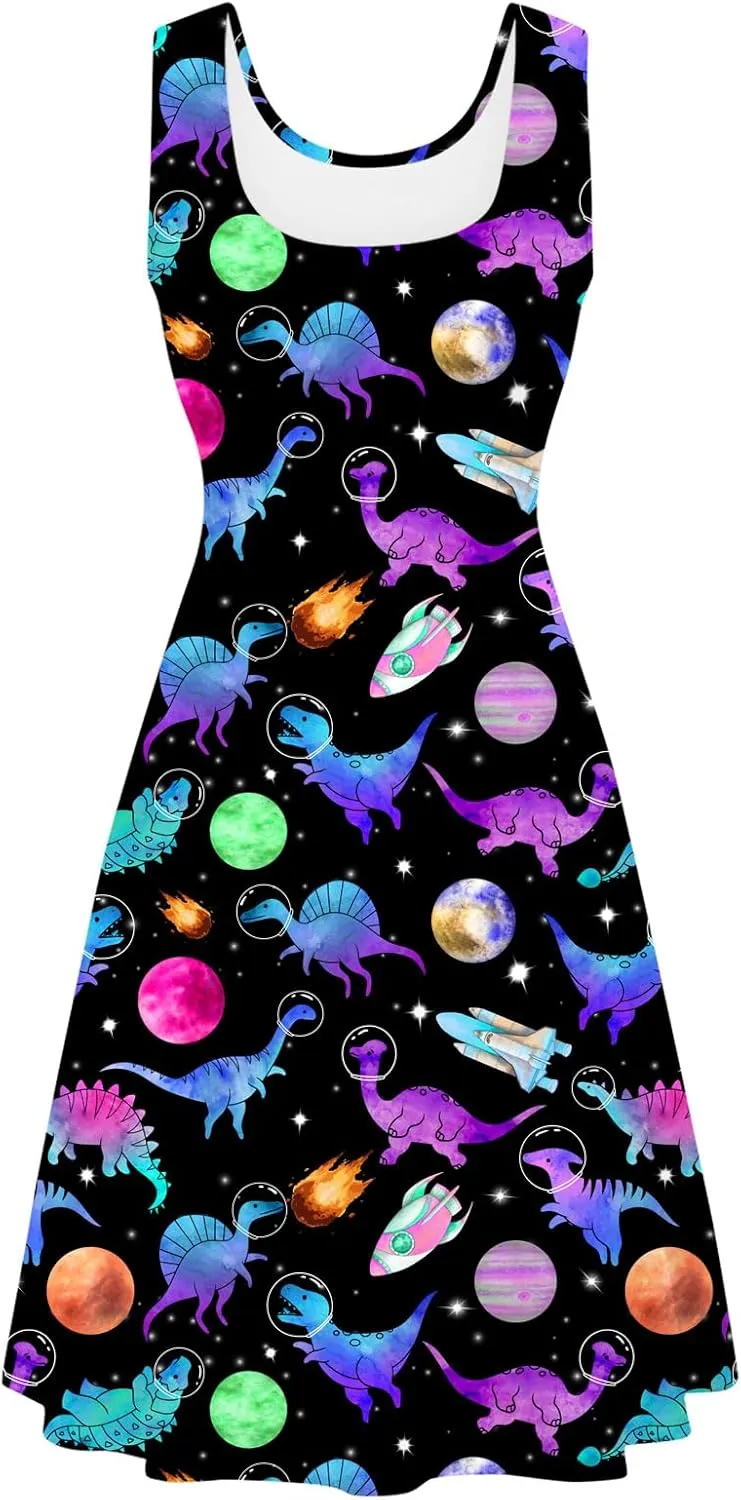 Fanient Womens Sleeveless Dress Casual Print Scoop Neck Sundress A Line Midi Dresses