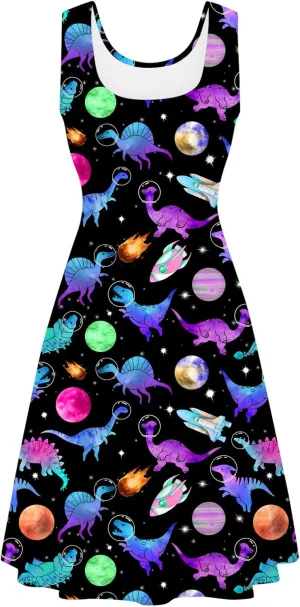 Fanient Womens Sleeveless Dress Casual Print Scoop Neck Sundress A Line Midi Dresses