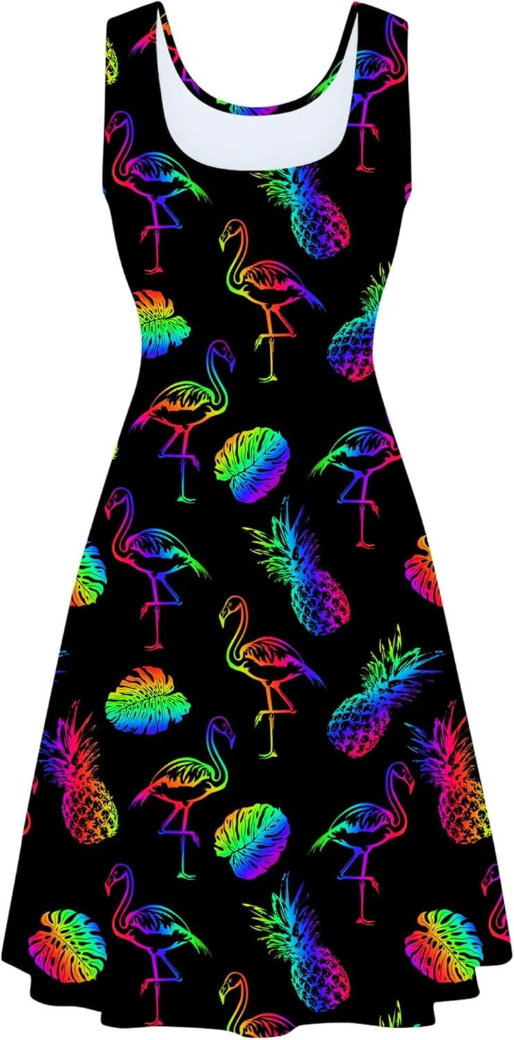 Fanient Womens Sleeveless Dress Casual Print Scoop Neck Sundress A Line Midi Dresses