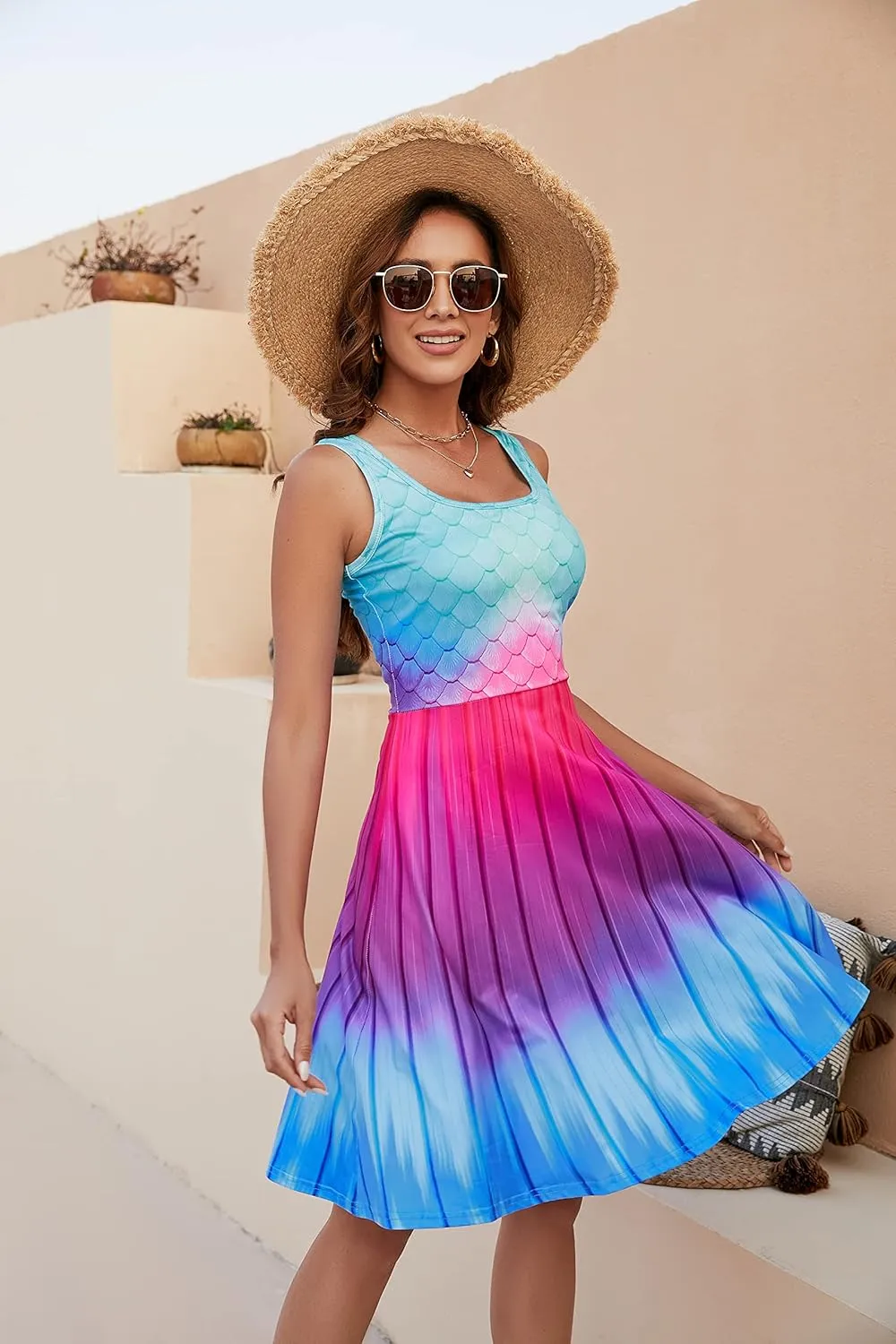 Fanient Womens Sleeveless Dress Casual Print Scoop Neck Sundress A Line Midi Dresses