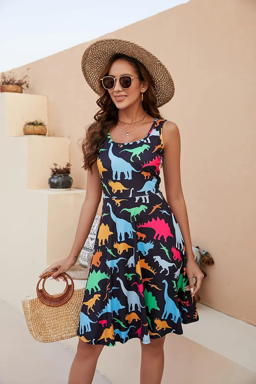 Fanient Womens Sleeveless Dress Casual Print Scoop Neck Sundress A Line Midi Dresses