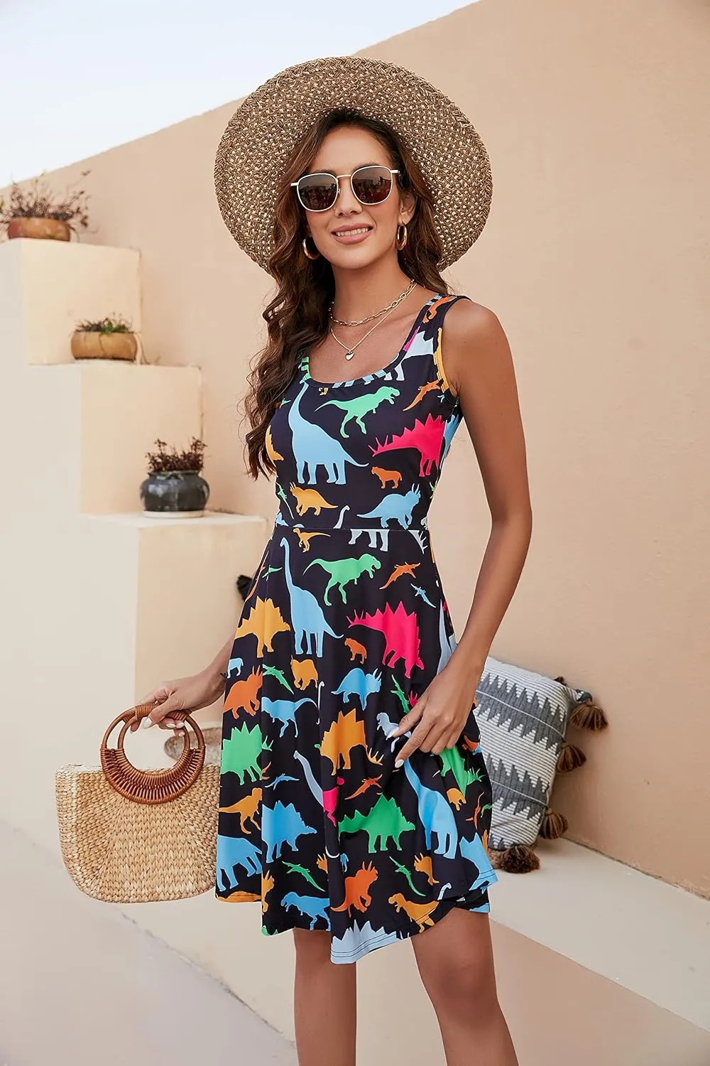 Fanient Womens Sleeveless Dress Casual Print Scoop Neck Sundress A Line Midi Dresses