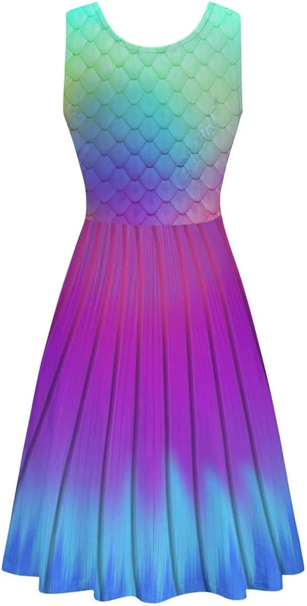 Fanient Womens Sleeveless Dress Casual Print Scoop Neck Sundress A Line Midi Dresses