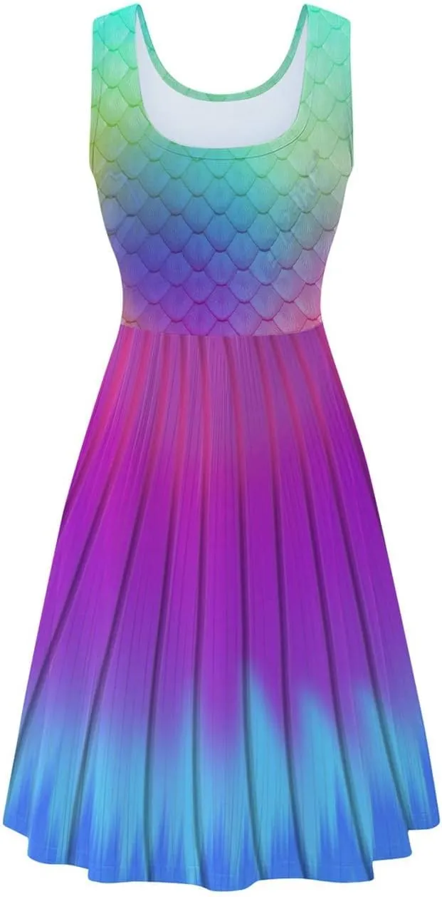 Fanient Womens Sleeveless Dress Casual Print Scoop Neck Sundress A Line Midi Dresses