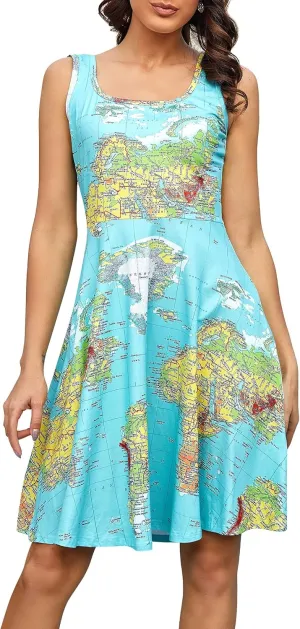 Fanient Womens Sleeveless Dress Casual Print Scoop Neck Sundress A Line Midi Dresses
