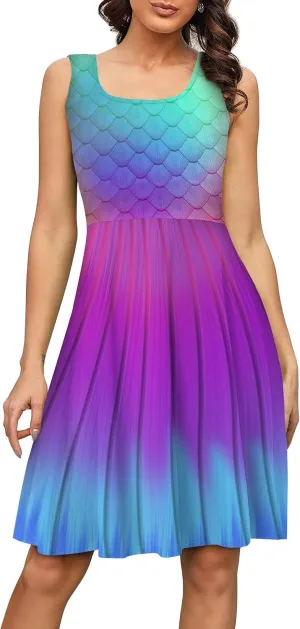 Fanient Womens Sleeveless Dress Casual Print Scoop Neck Sundress A Line Midi Dresses