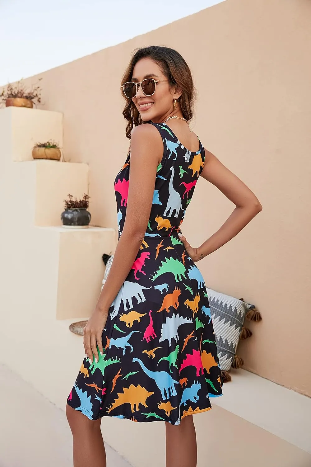 Fanient Womens Sleeveless Dress Casual Print Scoop Neck Sundress A Line Midi Dresses