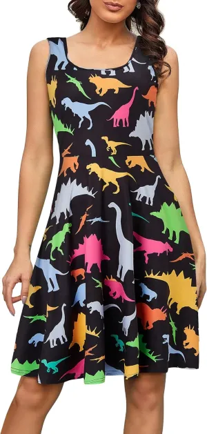 Fanient Womens Sleeveless Dress Casual Print Scoop Neck Sundress A Line Midi Dresses