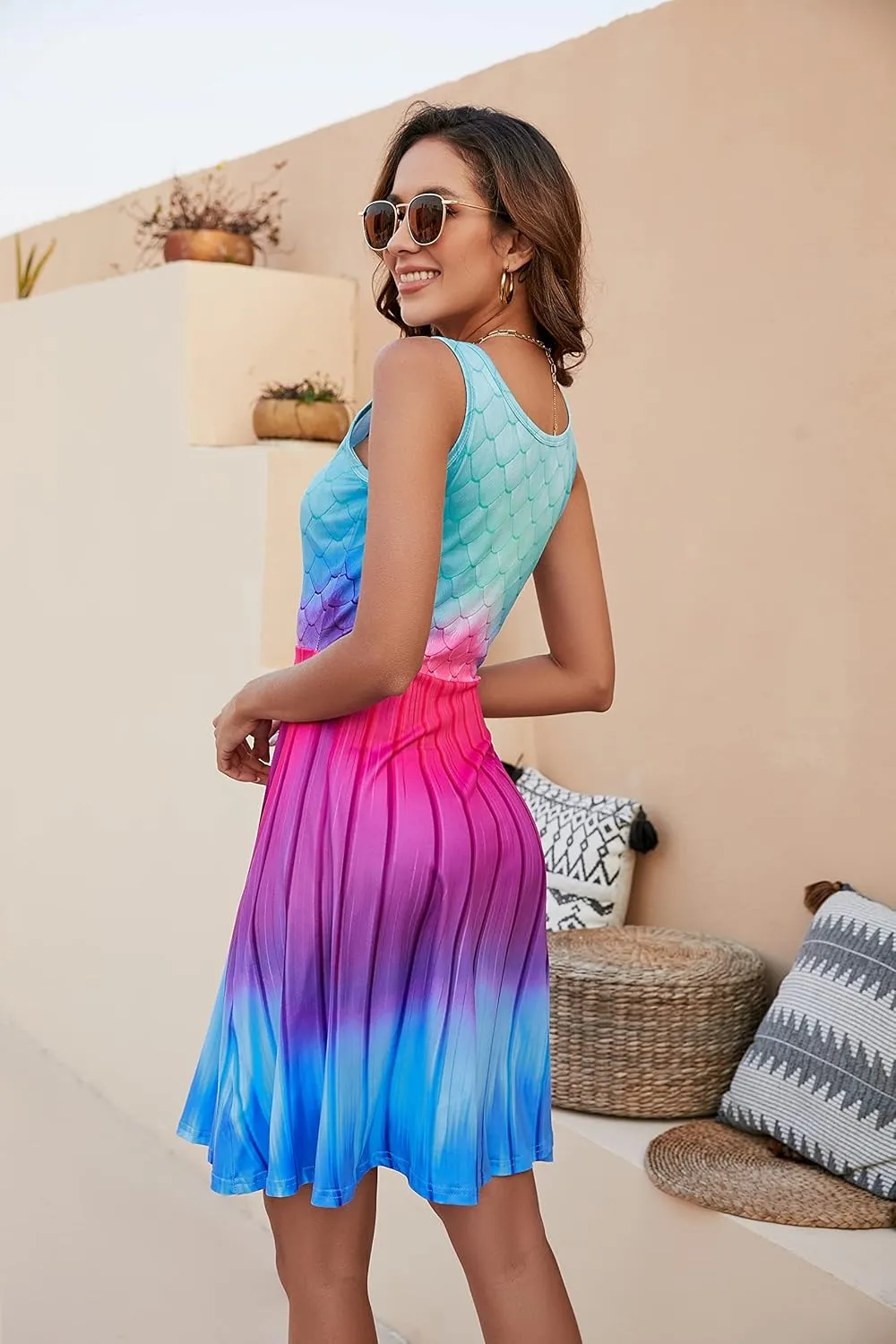 Fanient Womens Sleeveless Dress Casual Print Scoop Neck Sundress A Line Midi Dresses