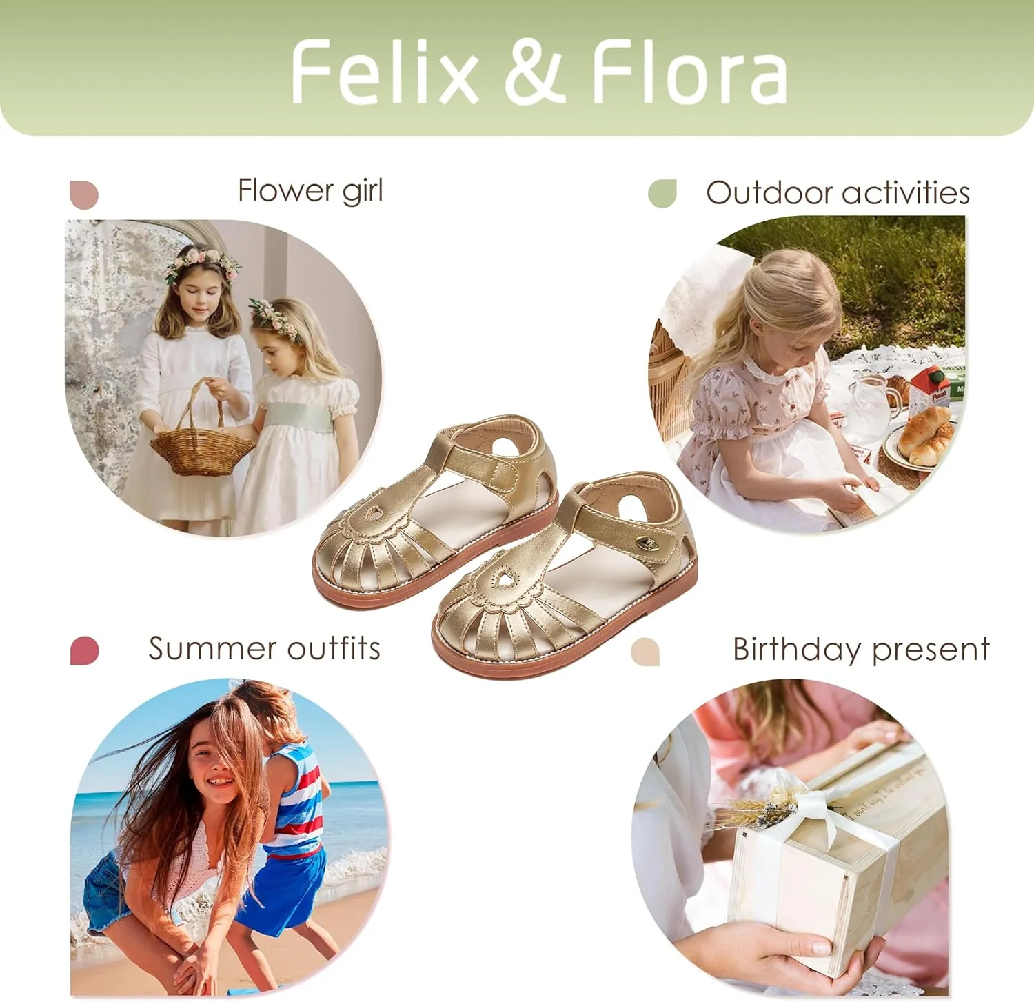 Felix & Flora Toddler Girls Sandals Flower Girl Shoes Soft Rubber Princess Summer Flat Shoes