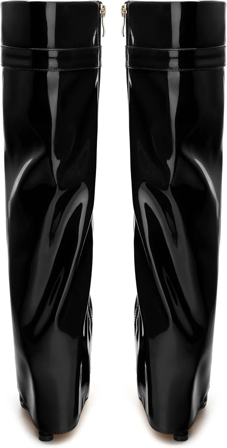 FEMSTEP Knee High Boots for Women Fold Over Wedge Round Toe Slouchy Heeled Boots Wide-Calf Long Side Zipper Patent Dress Tall Booties for Party Dating Shopping