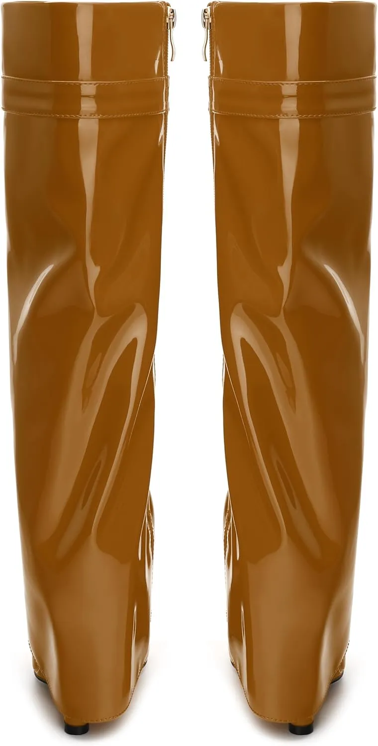 FEMSTEP Knee High Boots for Women Fold Over Wedge Round Toe Slouchy Heeled Boots Wide-Calf Long Side Zipper Patent Dress Tall Booties for Party Dating Shopping