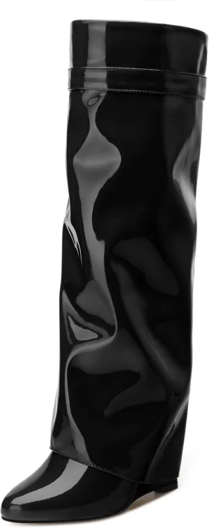 FEMSTEP Knee High Boots for Women Fold Over Wedge Round Toe Slouchy Heeled Boots Wide-Calf Long Side Zipper Patent Dress Tall Booties for Party Dating Shopping