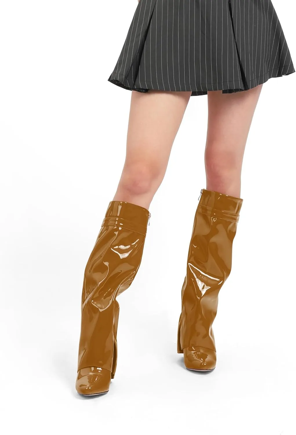 FEMSTEP Knee High Boots for Women Fold Over Wedge Round Toe Slouchy Heeled Boots Wide-Calf Long Side Zipper Patent Dress Tall Booties for Party Dating Shopping