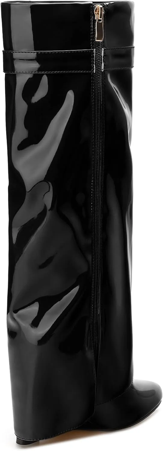 FEMSTEP Knee High Boots for Women Fold Over Wedge Round Toe Slouchy Heeled Boots Wide-Calf Long Side Zipper Patent Dress Tall Booties for Party Dating Shopping