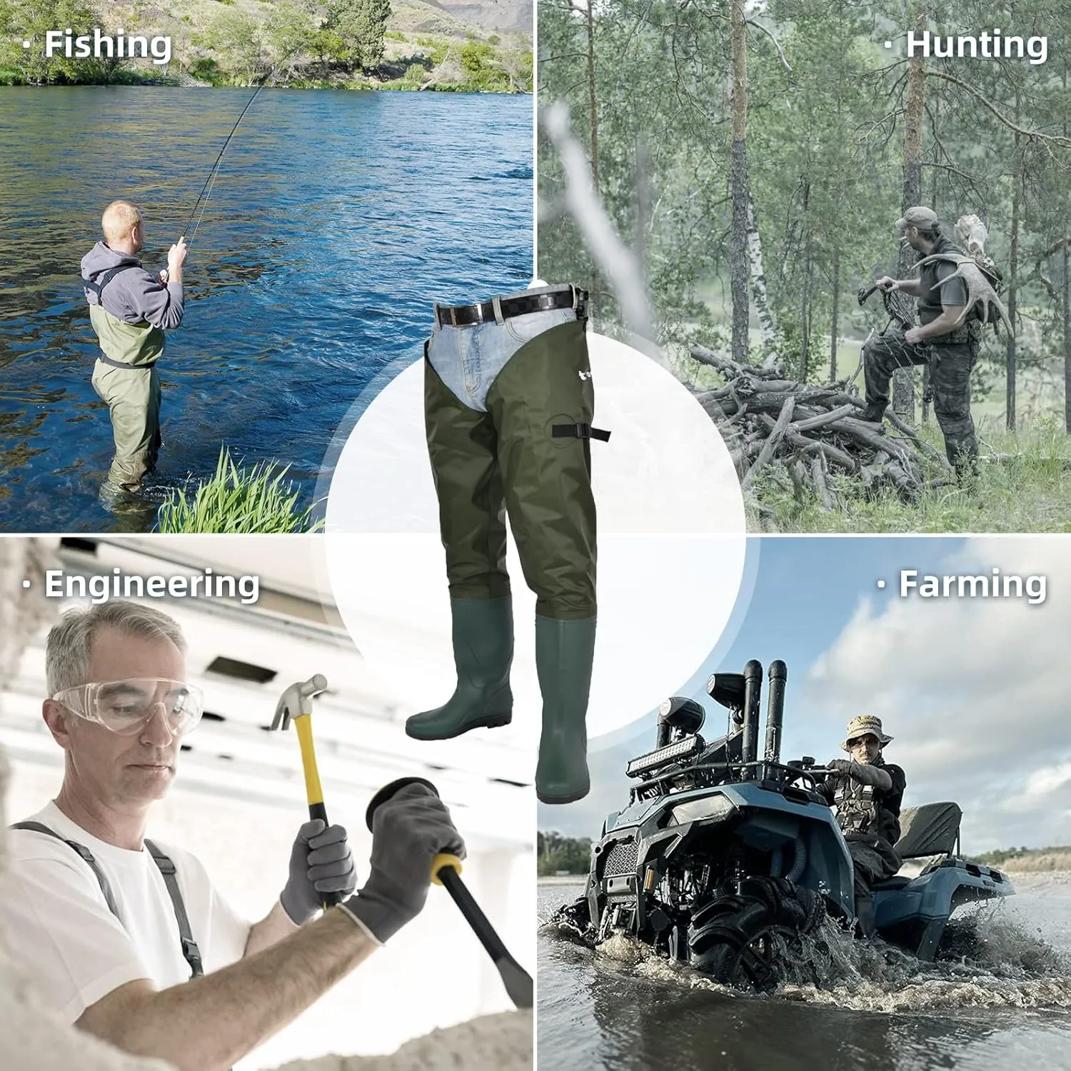 Fishing Hip Waders for Men Women with Boots Waterproof Lightweight 2-Ply PVC/Nylon Bootfoot for Fishing Hunting